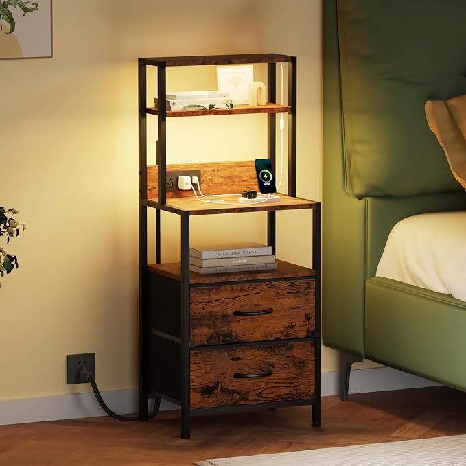 Furnulem Night Stand, Tall Nightstand with 4-Tier Shelves, 2 Fabric Drawers and LED Lights, Bed Side Tables with Charging Station, Bedside Table for Bedroom, Office, Rustic Brown by Furnulem