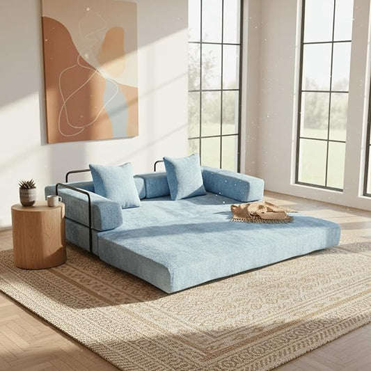 Alpen 77" Futon Couch Bed, 4-in-1 Convertible Sleeper Queen with L-Shaped Armrests, Floor Couch Beds, Lazy Sofa for Living Room Bedroom, Apartment, Light Blue