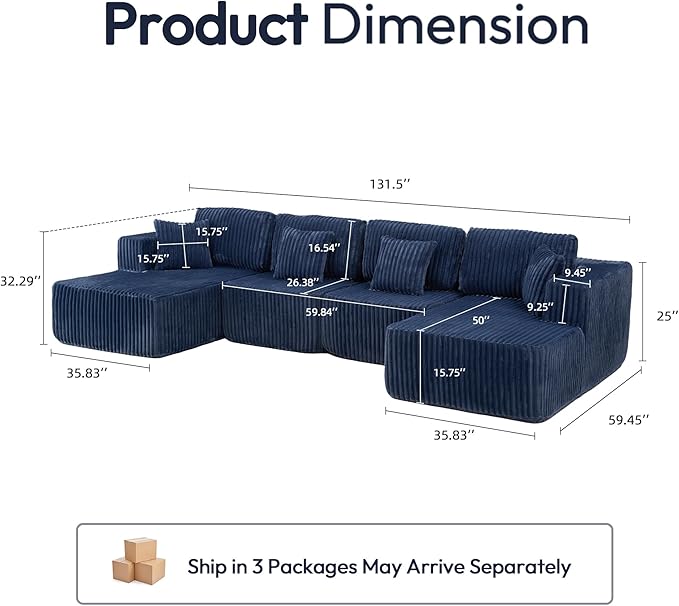 132" U Shaped Couch, Modular Sectional Sofa with Chaise, Corduroy U Shaped Boneless Couch with Deep Seat, Upholstered Modular Cloud Sofa for Living Room, No Assembly Required, Blue