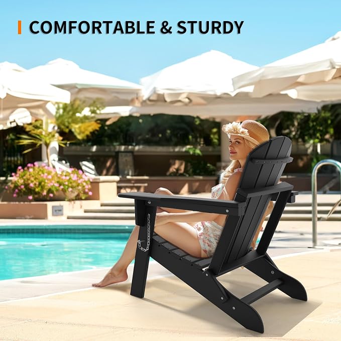VINGLI Plastic Adirondack Chairs, Folding with Cup Holder, Waterproof HDPE Material, Comfortable 380lb Weight Capacity for Outdoor Pool Patio Lounge Chair Lawn Furniture Firepit (Black) - Image 5