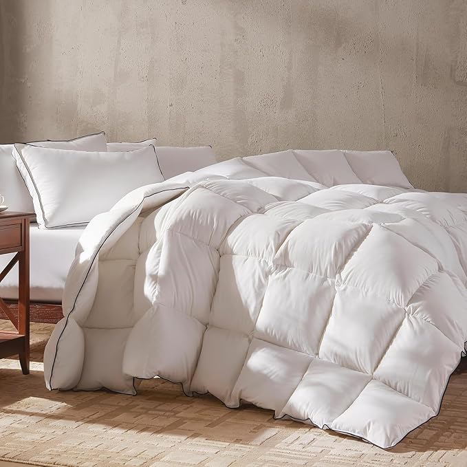 Goose Feather Down Fiber Comforter Full Size, Fluffy Cotton Quilted White Duvet Insert, Ultra-Soft, Breathable, Luxury Bedding Comforter All Season Medium Warmth with Corner Tabs, 82x 86Inch