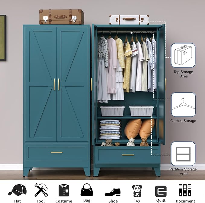 Steel Armoire Wardrobe Closet, 71" Metal Clothing Storage Cabinets with 2 Doors, 1 Drawer & 1 Adjustable Shelf, Blue Wardrobe Cabinet with Hanging Rod for Bedroom, Gym