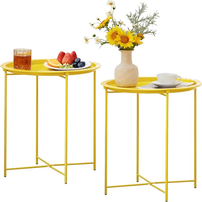 VECELO Side/End Table, Folding Round Metal Anti-Rust and Waterproof Outdoor or Indoor Tray for Living Room Bedroom Balcony and Office, 2 PCS, Yellow by VECELO