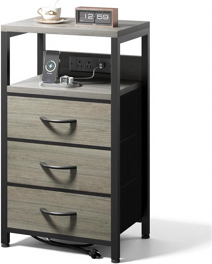 Lazzanto NightStand Bedside Charging Table Bedroom - Night Stand with Charger Station, Modern Nightstand with Open Shelf & 3 Fabric Drawers, End Table with USB-C USB Ports & AC Outlets for Dorm, Grey by Lazzanto