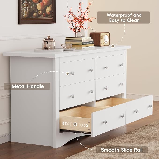 Furmax Dresser for Bedroom, 6 Wood Dresser, Chest of Drawers, for TV up to 65 inch, TV Stand Storage Chest of Drawers for Hallway Entryway (White) - Image 3