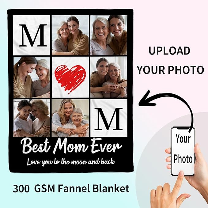 ROMANDY Ships Next Day Custom Blanket with Picture Customized Banket Personalized Throw Blankets Customizable Photo Blankets Customize for Mom Dad Girlfriend Boyfriend Wife Husband Her Him