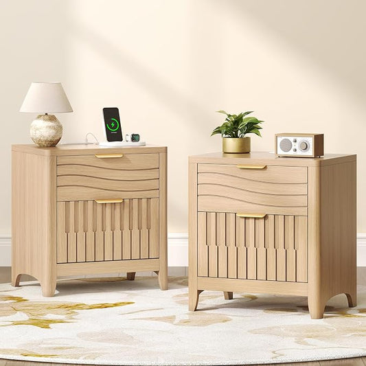 Fluted Nightstand Set of 2 with Charging Station, Modern Bedside Table with 2 Storage Drawers, Curved Corner & Metal Handle, Night Stand End Side Table for Bedroom, Natural Oak by Unknown