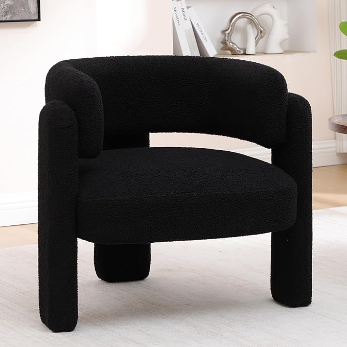 Accent Chair for Living Room, Modern Sherpa Barrel Chair, Upholstered Living Room Chairs with 3 Legs, Comfy Armchair Reading Side Chair for Bedroom, Office, Apartment, Black
