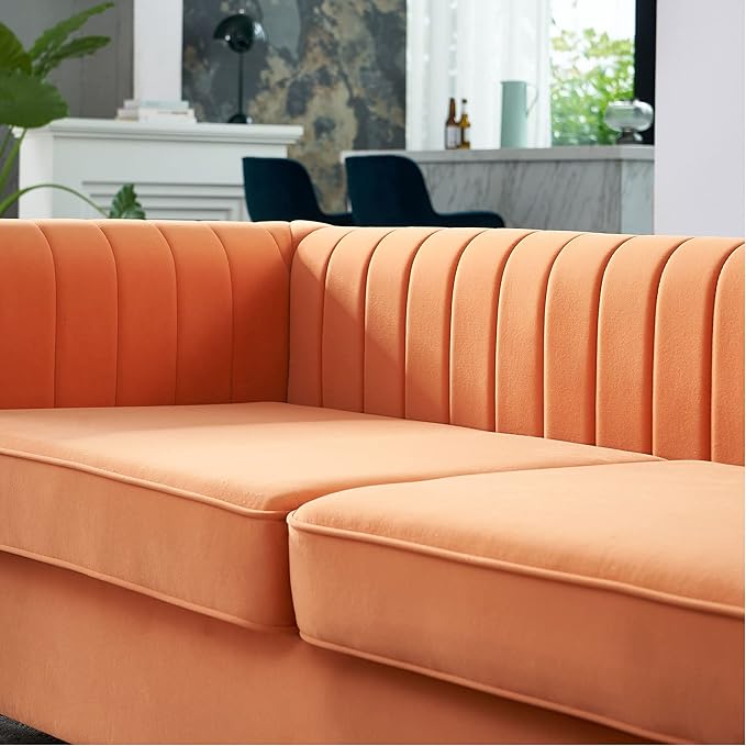 KEIKI 84" Velvet Deep Channel Tufted Sofa with Back Cushions and Rolled Arms, Modern Style 3-Seater Couch with Golden Polished Steel Legs, Easy Assembly, for Living Room, Bedroom, Office, Orange