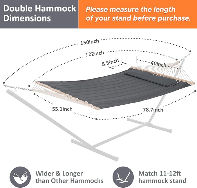 SUNCREAT Portable Tree Hammock with Hardwood Spreader Bar, Extra Large Soft Pillow, Heavy Duty 2 Person Hammock for Indoor, Outdoor, Gray - Image 4