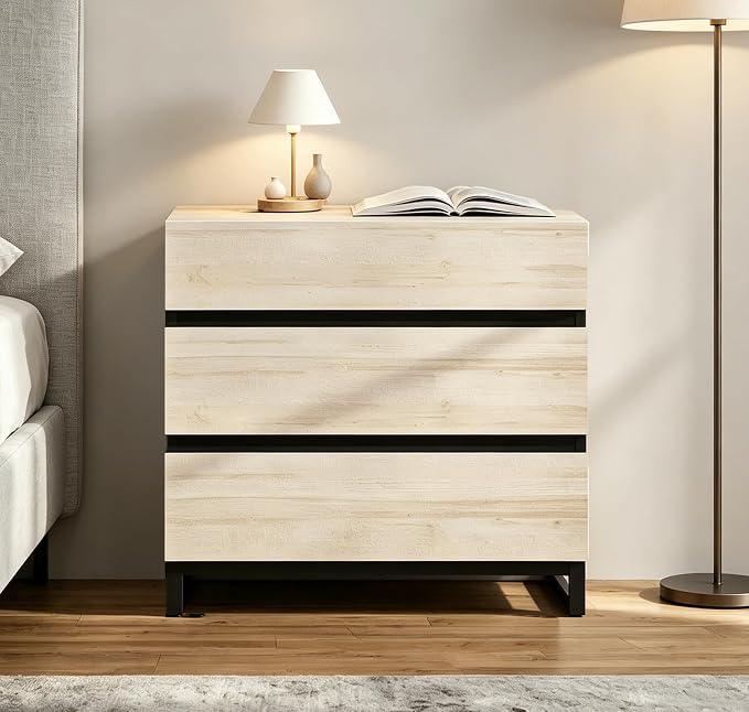 WAMPAT Nightstand with 3 Drawers for Bedroom, Modern Bedside Table with Black Square Metal Leg, Wood Rustic Side End Table, Beige, 2 Pcs - Image 8