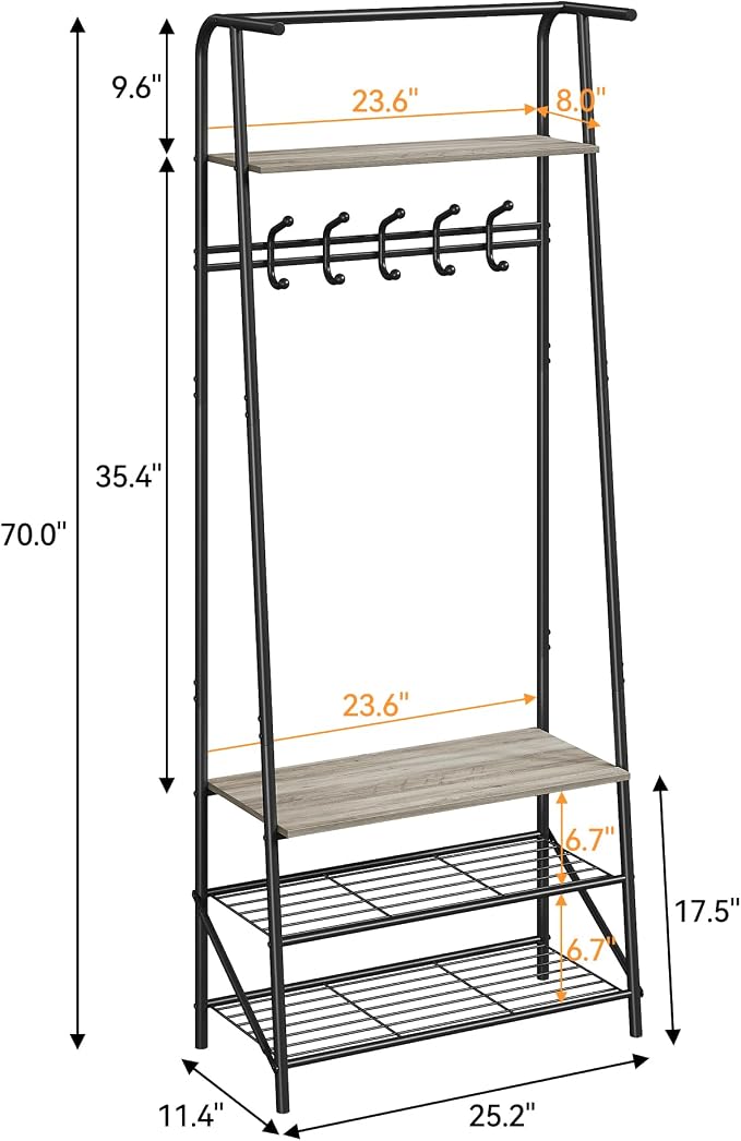 IDEALHOUSE Coat Rack Shoe Bench with 5 Hooks, Hall Trees Entryway Bench with Storage, Wood Look Accent Furniture with Metal Frame for Entryway, Living Room, Bedroom - Image 2