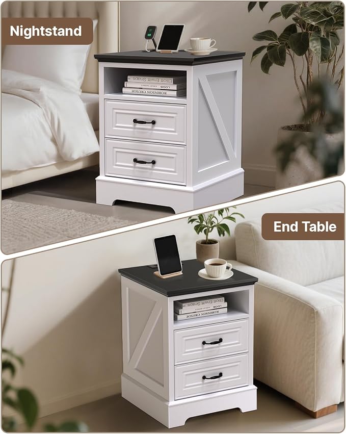 18" Nightstand with Charging Station, Farmhouse Night Stand, End Table with 2 Drawers Storage Cabinet Bedside Cabinet for Living Room and Bedroom,Wood Rustic - Image 5