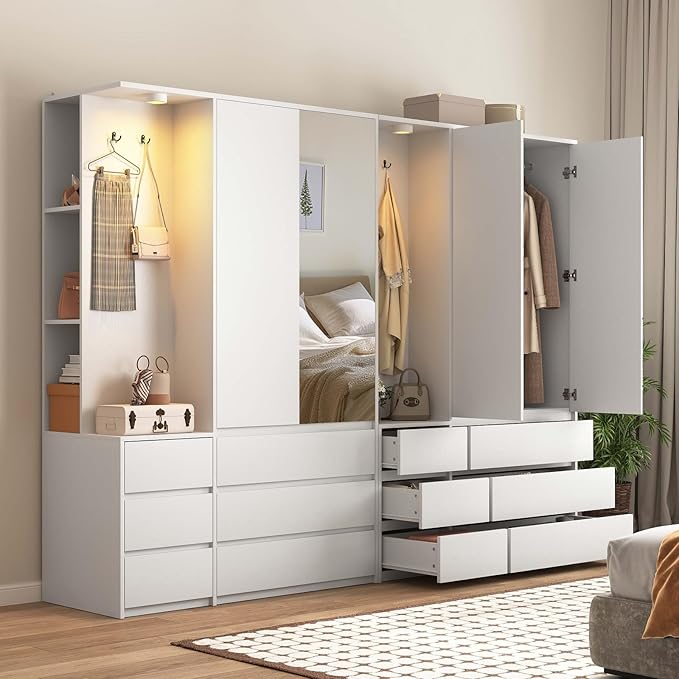 72'' Armoire Wardrobe Closet with Mirror and 6 Drawers,Bedroom Armoire Wardrobe Cabinet with Hanging Rod and Light,Wooden Bedroom Closet with 3 Storage Shelf (White)