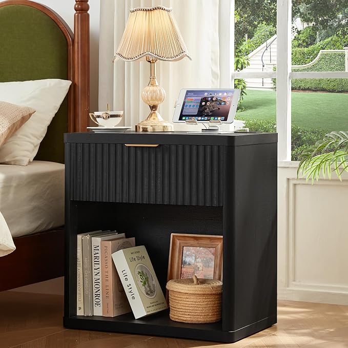 LEYAOYAO Fluted Nightstand with Charging Station, 23" Wide 1 Drawers End Table,Black Night Stand with Open Storage Cabinet, Farmhouse Bed Side Tables, Wood Dresser for Bedroom, Living Room, Closet - Image 4