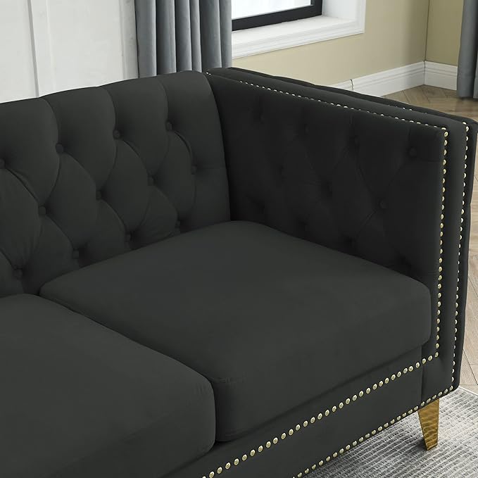 KEIKI 82.2" Tufted Velvet Corner Sofa, 5 Seat Couch, L-Shaped Sectional Couch for Living Room, Buttons Tufted Square Arm Couch for Home Apartment, Black