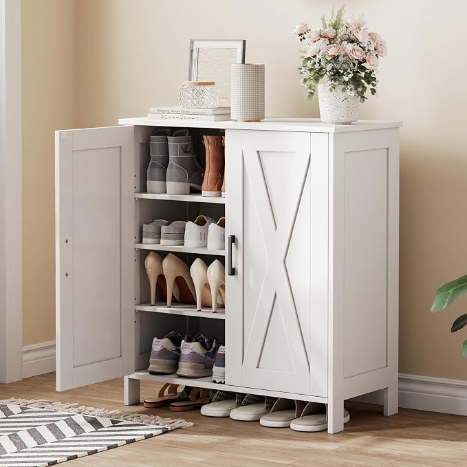 Homleke Farmhouse Shoe Cabinet with 2 Barn Doors & Wood Legs, 5-Tier Shoe Storage Cabinet with 3 Adjustable Shelves, Tall Shoe Rack Organizer for Closet, Shoe Organizer for Entryway, Hallway, White by Homleke