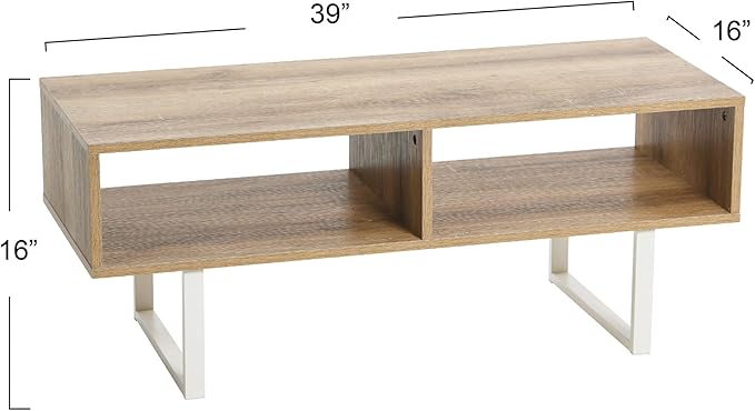 Household Essentials Jamestown TV Stand Coffee Table with Rectangular Storage Compartments Coastal Oak Rustic Wood Grain and White Metal