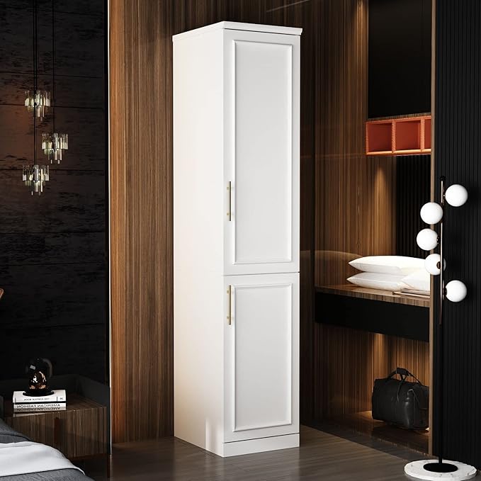 FAMAPY 2 Door Wardrobe Tall and Narrow Armoire Wardrobe with Hanging Rod, Gold Metal Handles, Closet for for Bedroom White (15.7”W x 19.3”D x 74.9”H)
