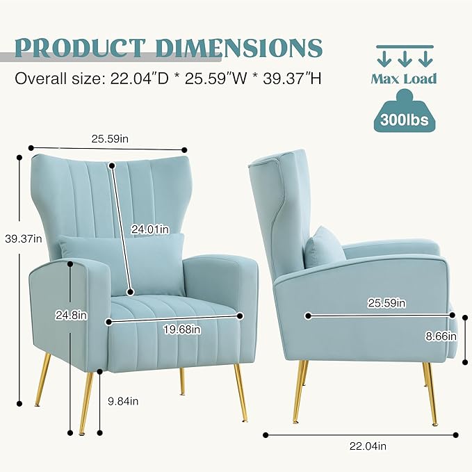 Modern Accent Chairs Set of 2 Upholstered Living Room Chairs,High Back Arm Chairs with Metal Legs Lumbar Reading Chair for Bedroom, Apartment, Small Spaces Sky Blue