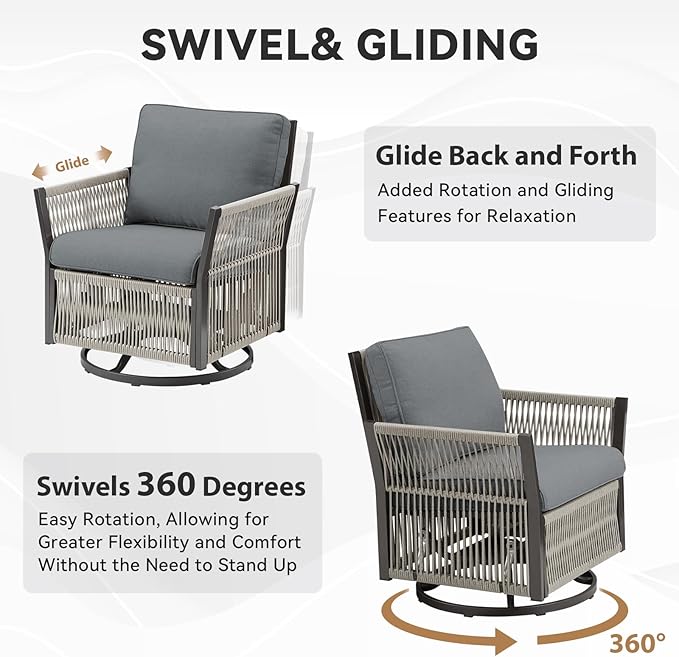 Outdoor Patio Furniture Set, 2025 New Patio Conversation Sets, All-Weather Wicker Outdoor Furniture, High Back Swivel Patio Chairs for Porch Deck Balcony (Grey)