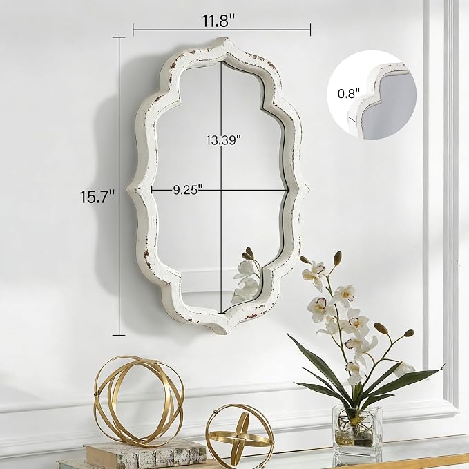 Vintage Small Scalloped Wall Mirror Decorative 16" x 12", Hanging Rustic Distressed White Bathroom Mirrors for Vanity, Farmhouse Wood Quatrefoil Wall Mounted Mirror for Living Room - Image 2