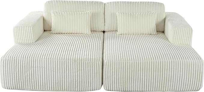 86-Inch Fluffy Corduroy Boneless Sleeper Daybed Loveseat Double Recliner Chaise Lounge Sofa Couches, Floor Cloud Sofa Chaise W/4 Pillows for Home Apartment Living Room