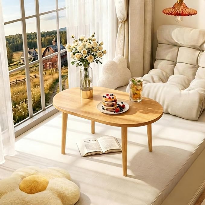 Oval Coffee Table Low Table with 4 Solid Wood Sturdy Legs,Floor Table Desk for Sitting on The Floor,19.7"D x 31.5"W x 16"H Inches,Living Room/Toy room Furniture,Rental house Furniture (Natural-Oval)