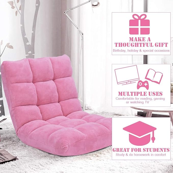 FANTASK 14-Position Sofa, Folding Memory Foam Floor Chair w/Comfy Cushions & Study Steel Frame, Angle Adjustable Floor Couch Sofa for Reading, Game, Meditating (Pink)