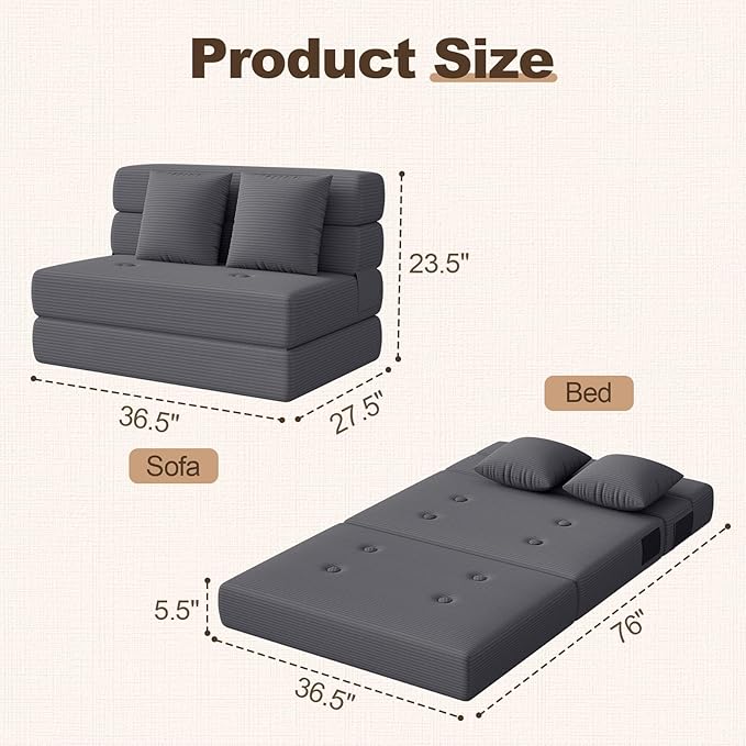 Folding Sofa Bed, Convertible Sleeper Chair & Couch Bed with Pillow, One-Piece High-Density Sponge Mattress, Multi-Purpose Corduroy Floor Sofa for Living Room, Office, Apartment, Grey, Twin