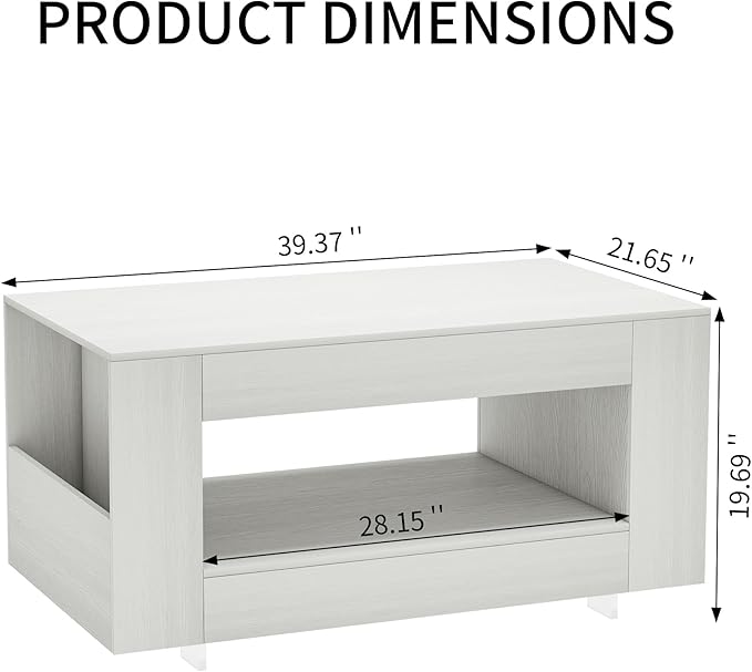 39" Wood Coffee Table for Living Room, Sides Storage with Transparent Legs, Minimalist Modern 2-Tier Storage Shelf Center Table for Home Office, Apartment, White