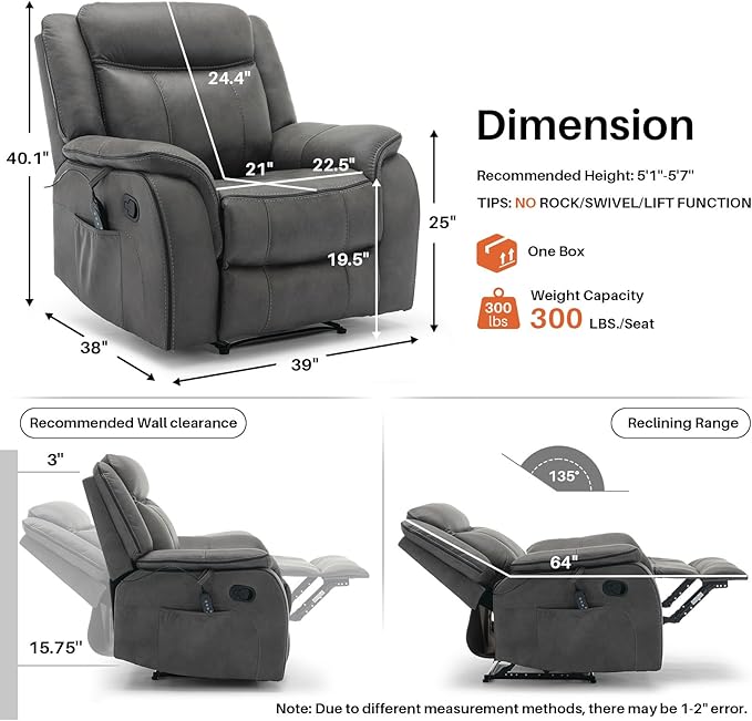 Massage Recliner Chair with Heat, Faux Leather Recliner Chairs for Adults, 39" Wide Manual Reclining Ergonomic Lounge Chair, Overstuffed Wall Hugger Recliners for Living Room, Grey