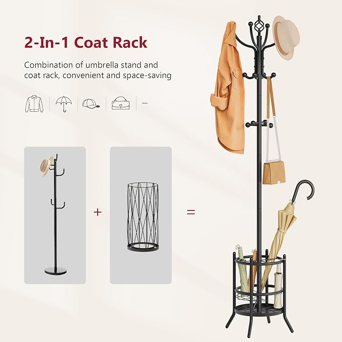 Tajsoon Coat Rack Stand with Umbrella Holder, Coat Tree Freestanding with 16 Hooks, Coat Hangers Stand for Living Room, Bedroom, Office, Black - Image 4