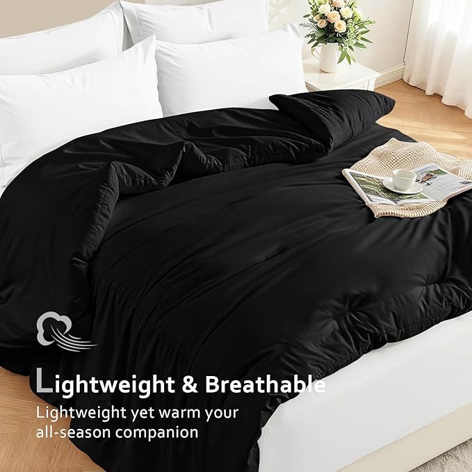 Comforters Queen Size, All Season Quilted Bed Comforter, Ultra-Soft Down Alternative Duvet Insert with 4 Tabs, Lightweight Bedding Blanket - Machine Washable, Black