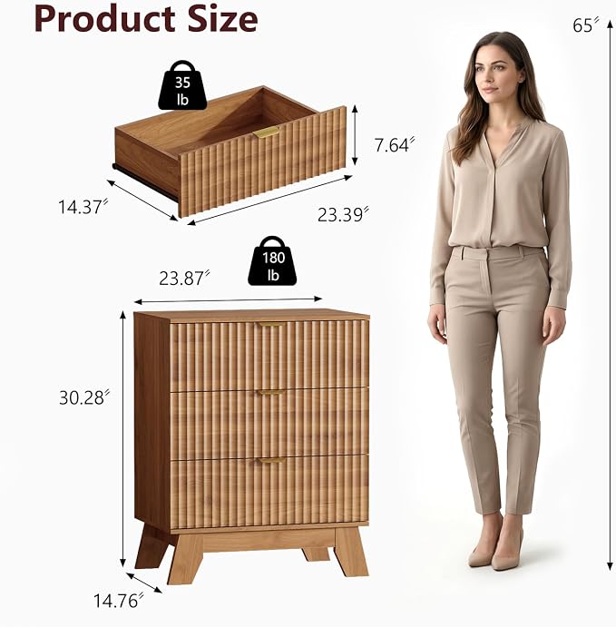 Nightstand with 3 Large Drawers,24" Wide End Table with Curved Metal Handles,Fluted Wood Small Dresser,Bedside Table,Modern Chest of Drawers for Bedroom,Living Room, Walnut - Image 2