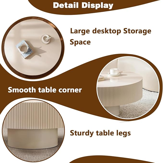 Round Drum Coffee Table White Round Fluted Coffee Table Circle Center Table Pedestal End Table for Apartment (Cream White)