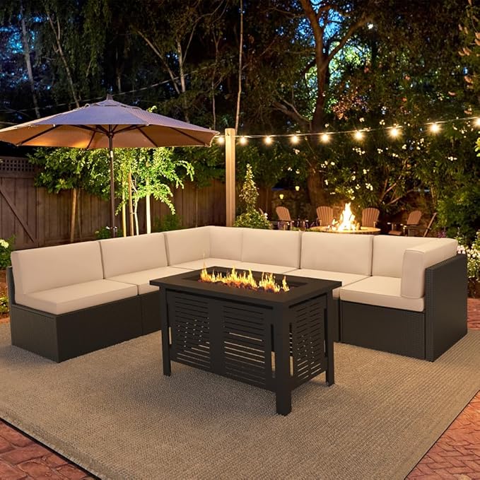 U-MAX 7 Piece Outdoor Patio Furniture Set with 43 Inch Fire Pit Table, PE Rattan Wicker Sofa Set, Outdoor Sectional Furniture Chair Set with Cushions and Tea Table, Brown Rattan&Beige Cushion