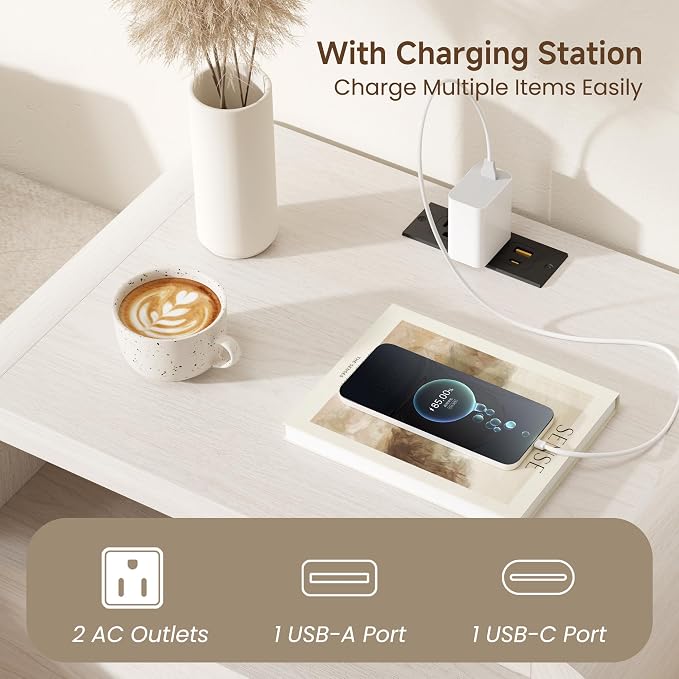 Fatmok Nightstand with Charging Station Set of 2, 24" Wooden Bedside Table with Drawer and Open Storage, Curved Profile Design End Table with 3-Color LED Light & Metal Handle for Bedroom(Cream White) - Image 5