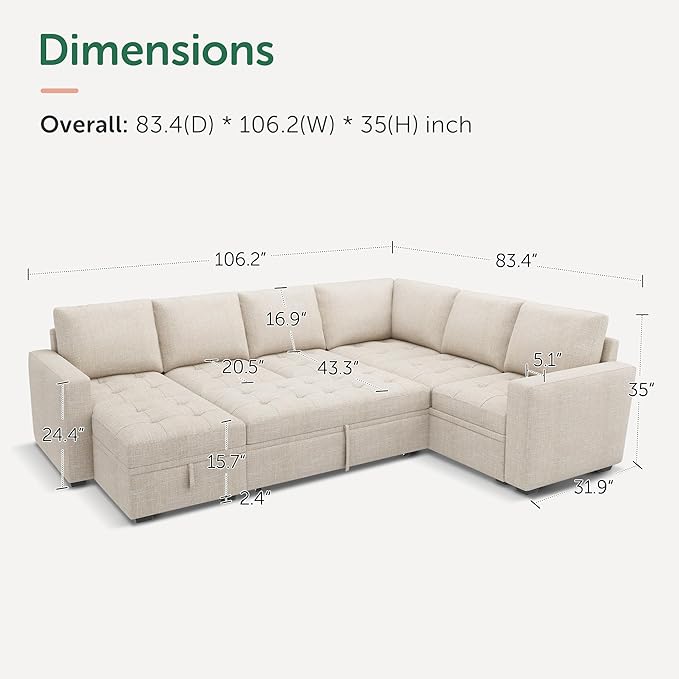 HONBAY Modular Sectional Couch with Pull Out Bed Sleeper Sofa with Storage U Shaped Modular Sectional Couches for Living Room,Mid Beige