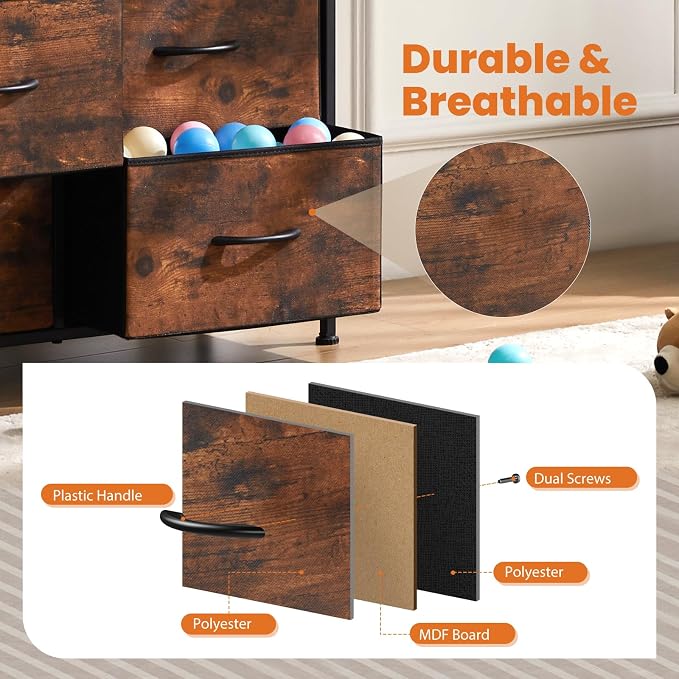 Sweetcrispy Dresser for Bedroom with 9 Storage Drawers, Large Fabric Storage Tower Organizer, Chest of Drawers with Metal Frame Wooden Top for Closet, Living Room, Entryway, Brown - Image 5