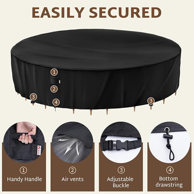 iBirdie Extra Large Round Patio Furniture Cover 132 x 28 inch, 11 ft, Outdoor Waterproof and Weatherproof for Garden Table and Chairs, Heavy Duty 600D, fit 132, 130 Diameter - Image 4