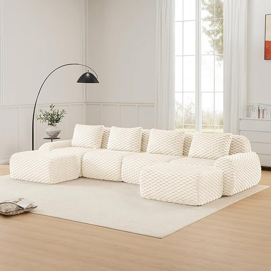 146" U-Shaped Compressed Sectional Cloud Sofa, Flannel Upholstered Modular Deep Seat Sofa with 6 Pieces, Symmetrical Boneless Foam Modular Cloud Couches for Living Room
