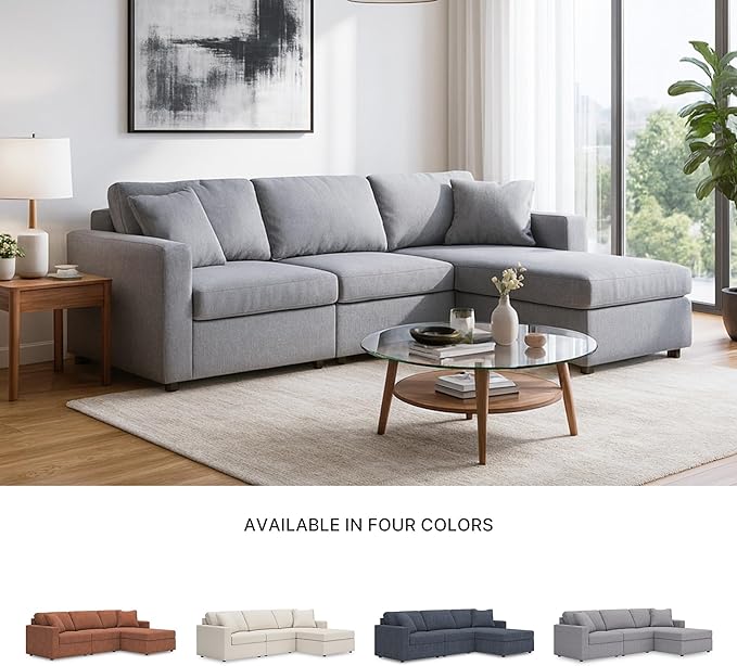 Signature Design by Ashley Modmax Casual L-Shaped Modular Stain Resistant 3-Piece Sectional with Chaise, Reversible Cushions and 2 Accent Pillows, Gray