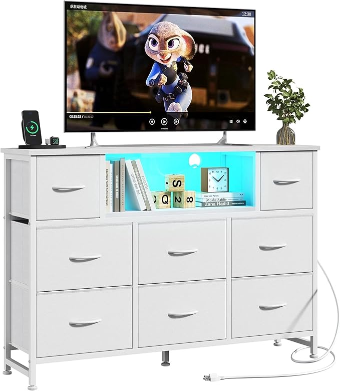 Simple Deluxe TV Stand Dresser with 8 Fabric Drawers and Open Shelves, Entertainment Center with LED Lights & Charging Station, Wood Top for 45" -55" TV, for Bedroom/Living Room/Hallway, White