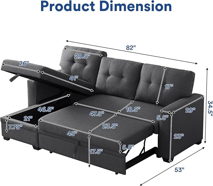 Rovibek 82" Convertible Sofa Bed Couch with Storage - 4 in 1 L Shaped Sofa with Pull Out Couch Bed for Living Room, Apartment, Office, Small Spaces, Dark Grey