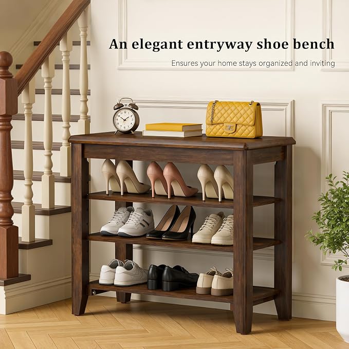 Taitiy Shoe Bench Storage Rubberwood, Entryway Bench with 3-Tiers Height Adjustable, Shoe Rack Front Door Entrance Organizer for Hallway Living Room, Mudrooms, Walnut,23.6" - Image 4