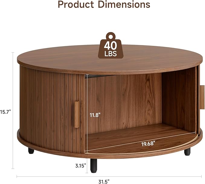 31.5 Inch Round Coffee Table, Mid-Century Modern Coffee Table wtih Storage, Fluted Coffee Table with Adjustable Footpads, 360° Rotating Sliding Door, Center Table for Living Room (Walnut)