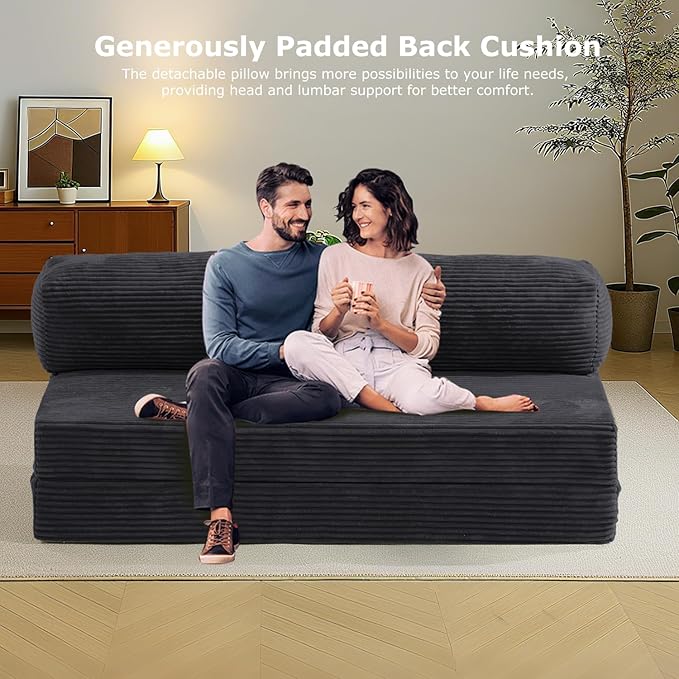 6-inch Folding Mattress Convertible Sofa Bed, Foldable Floor Mattress Sleeping Couch with Removable Corduroy Cover & Carry Handles, High-Density Foam Guest Bed Mattress (Black, Queen)