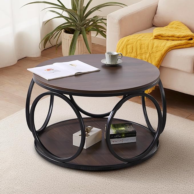 BECHAEO 31.5" Round Coffee Table with Storage, 2 Tier Vintage Coffee Table for Living Room, Industrial Design Wood Top & Metal Legs-Modern Accent Cocktail Tables for Home Office