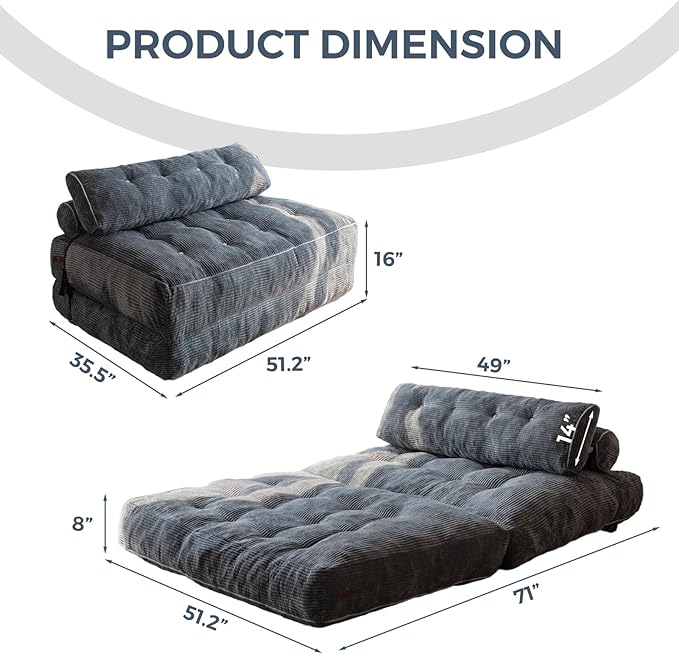 MAXYOYO Folding Sofa Bed, Convertible Sleeper Chair with Pilow Foldable Mattress with Back Support, Portable Fold Out Chair Bed Comfy Floor Sofa Lounge for Living Room Bedroom, Dark Grey, Double